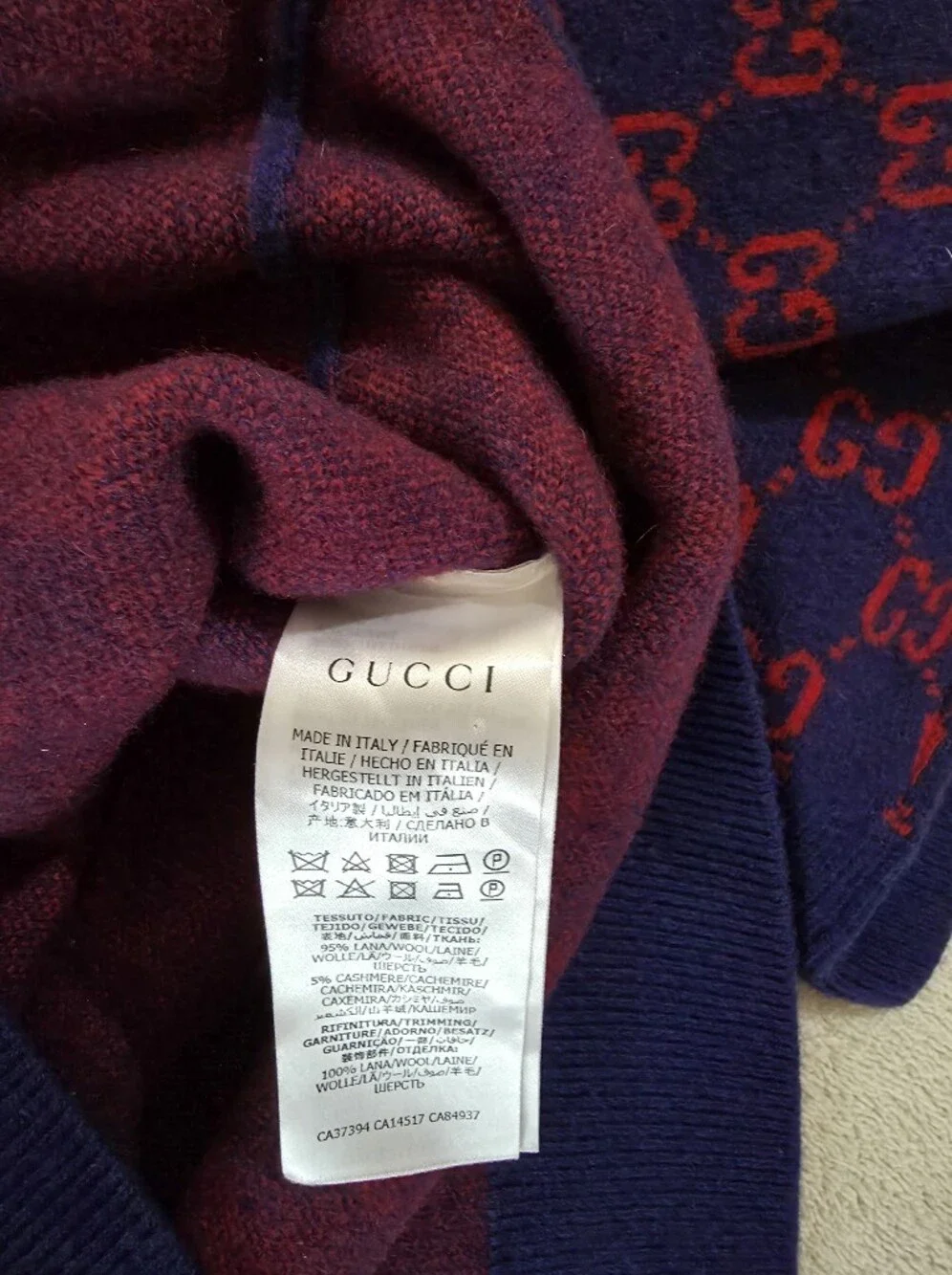 Gucci Navy & Red All-Over GG Crewneck Wool Sweater